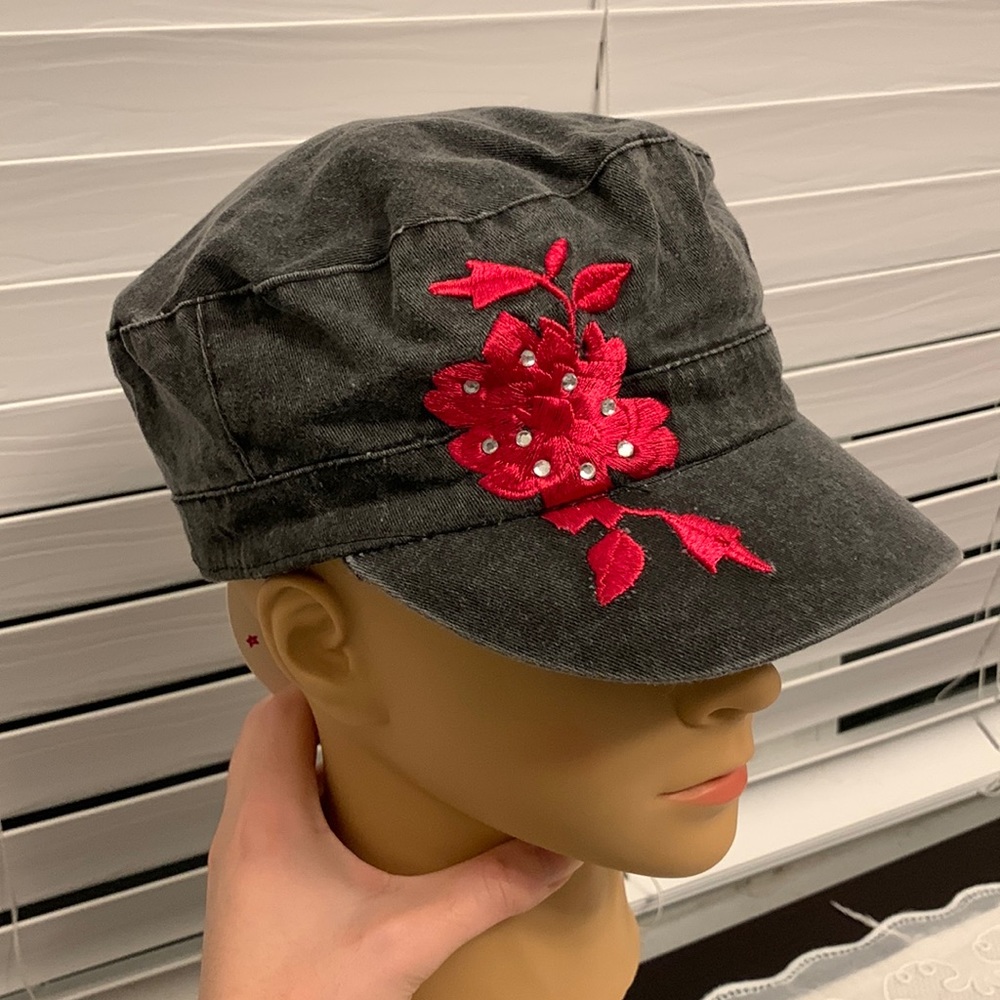 Grey Jeans with Red Floral Cap / Hat